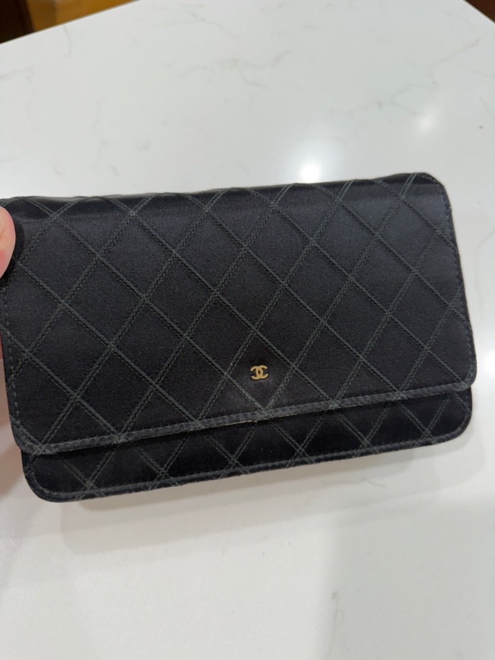 CHANEL Black Quilted Satin Clutch with Gold CC